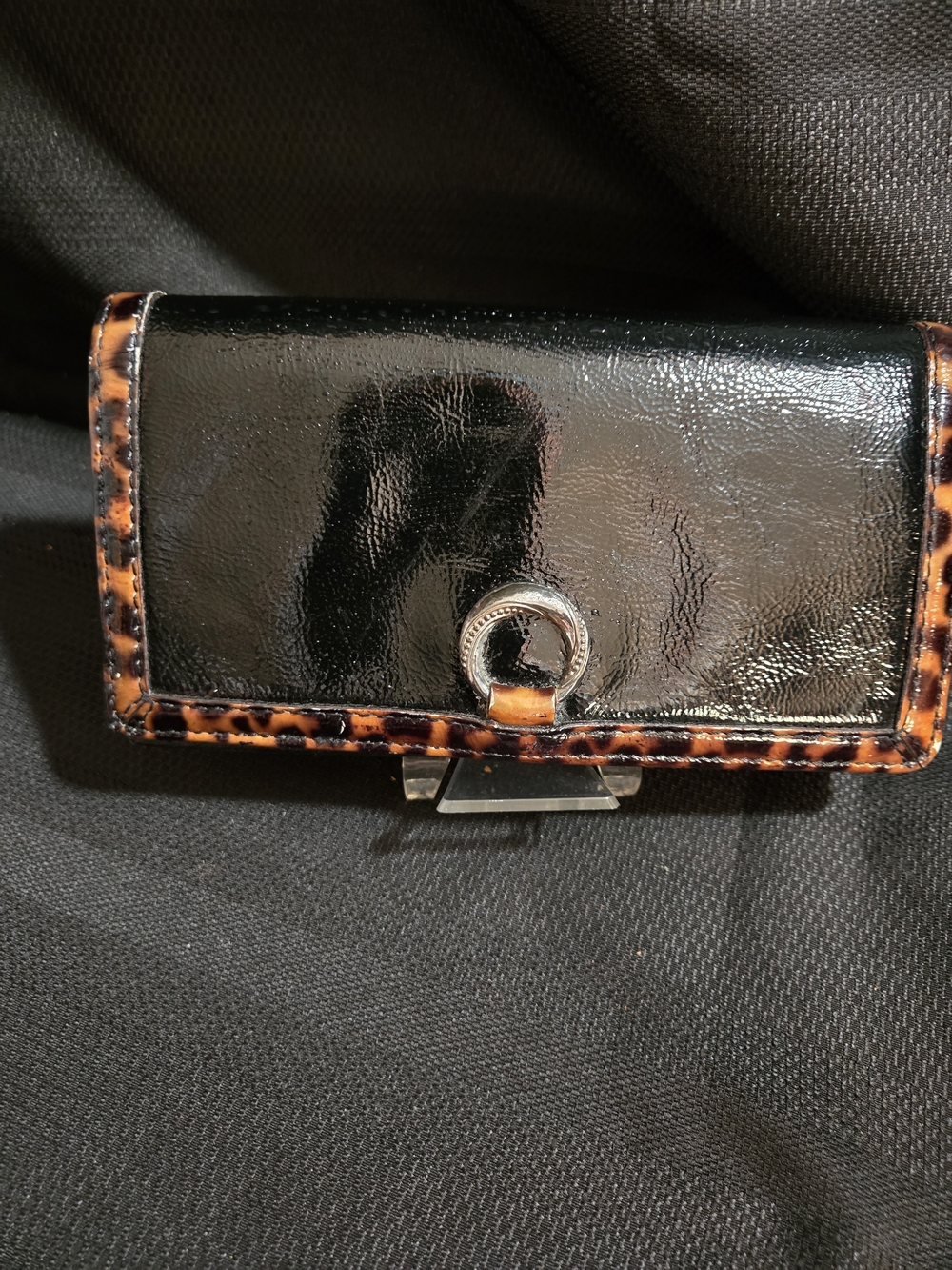 Brighton Black Patent Leather Wallet with Leopard-Trim Accent